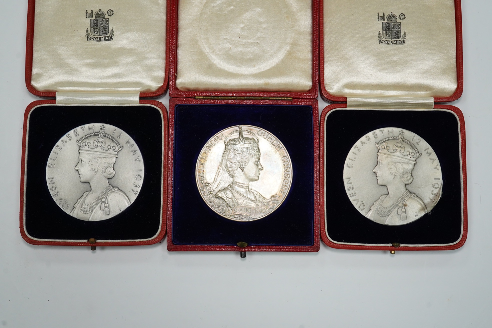 British Royal commemorative medals, Edward VII and Alexandra Queen Consort coronation silver medal 1902, UNC, in case of issue, and two George VI and Queen Elizabeth matt silver medals 1937, about UNC, in cases of issue